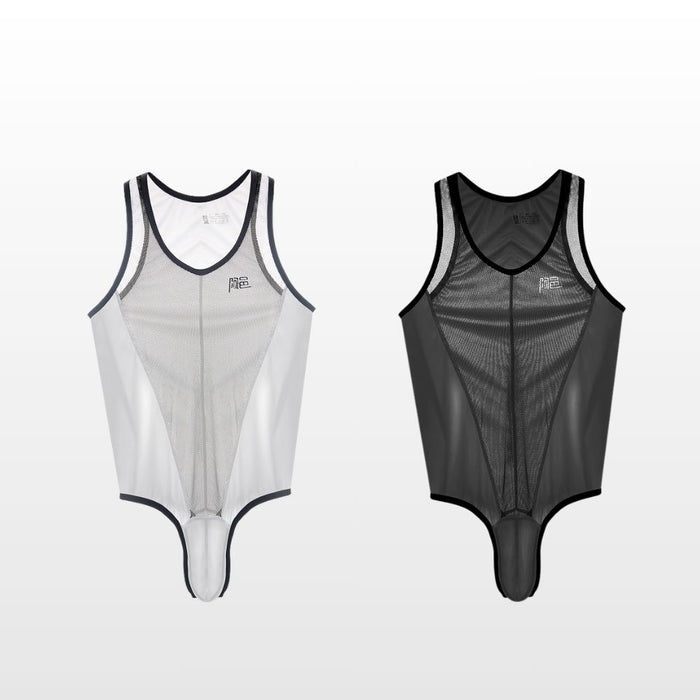 Men's See-Through Mesh & Satin Panel Sheer Ice Silk Bodysuit - JEWYEE AY 707