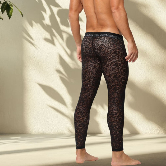 Men’s Sheer Lace Low-Rise 3D Pouch Compression Leggings - JEWYEE AY 745