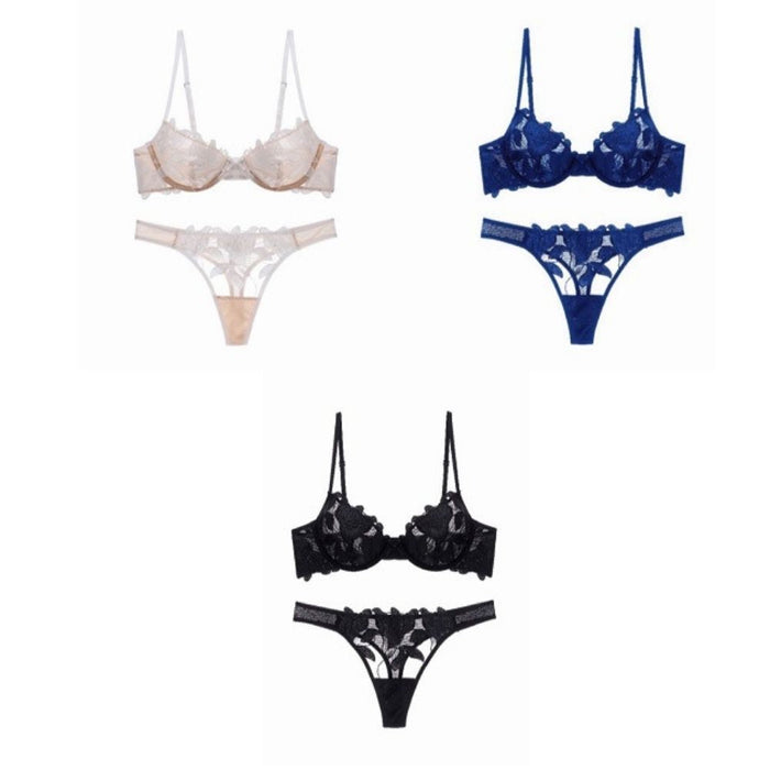 FINAL SALE -Women's Lace-up Underwired Push Up Bra And Thongs Set - JEWYEE TY094