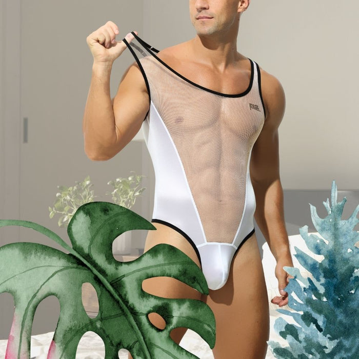 Men's See-Through Mesh & Satin Panel Sheer Ice Silk Bodysuit - JEWYEE AY 707