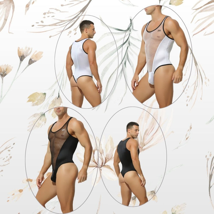 Men's See-Through Mesh & Satin Panel Sheer Ice Silk Bodysuit - JEWYEE AY 707