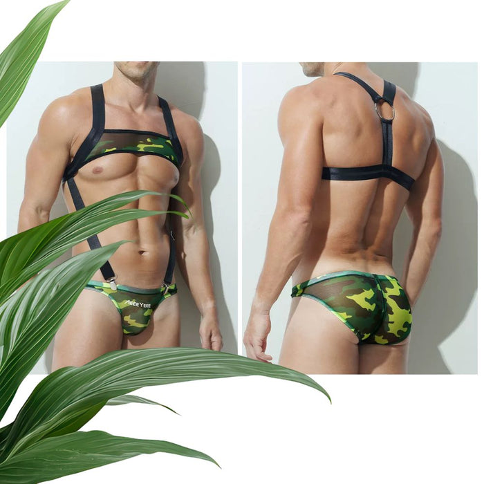 JEWYEE AY 617 / 618  - Men's Camo Sheer Mesh Bodysuit Set: Adjustable Strap Singlet & Detachable Briefs