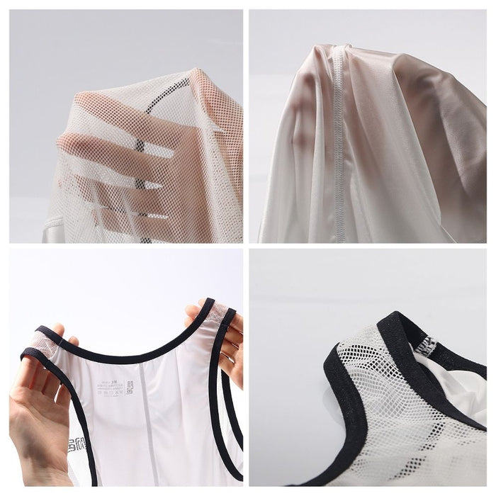 Men's See-Through Mesh & Satin Panel Sheer Ice Silk Bodysuit - JEWYEE AY 707