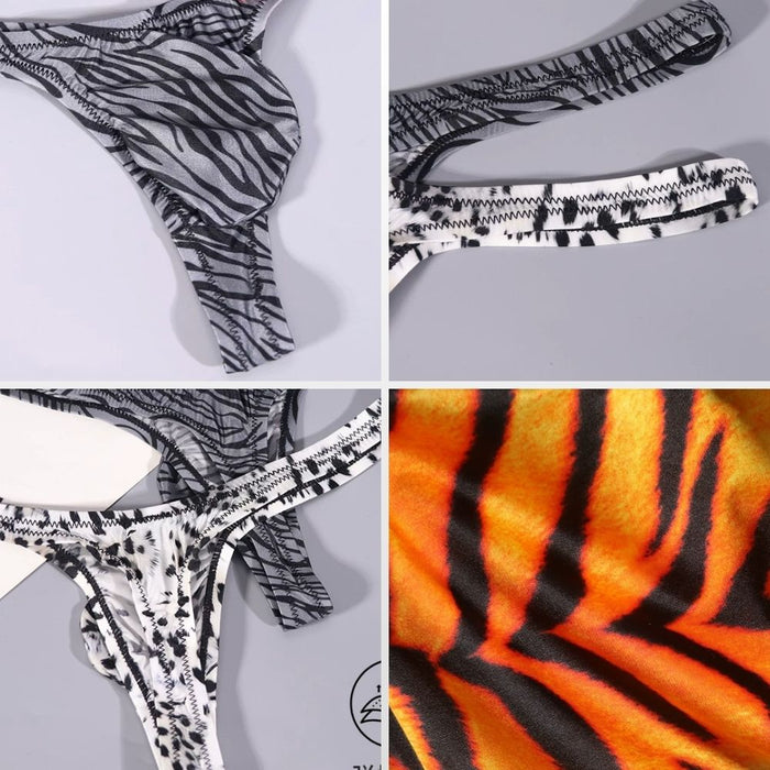 JEWYEE AY 753- 4-pack Men’s Sheer Ice Silk Animal Print Thong - Ultra-Thin, Breathable, Fit with Adjustable Support