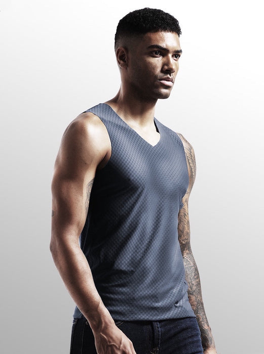 FINAL SALE - (2-Pack) Grid Pattern Ice Silk Seamless Tank Top For Men JEWYEE 190